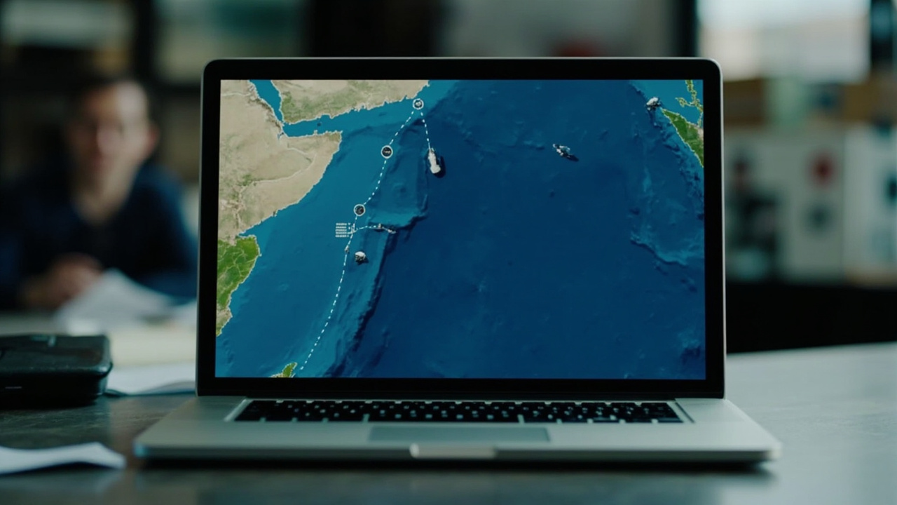 A laptop screen displaying a satellite-style interactive map of the Strait of Hormuz with naval vessel icons