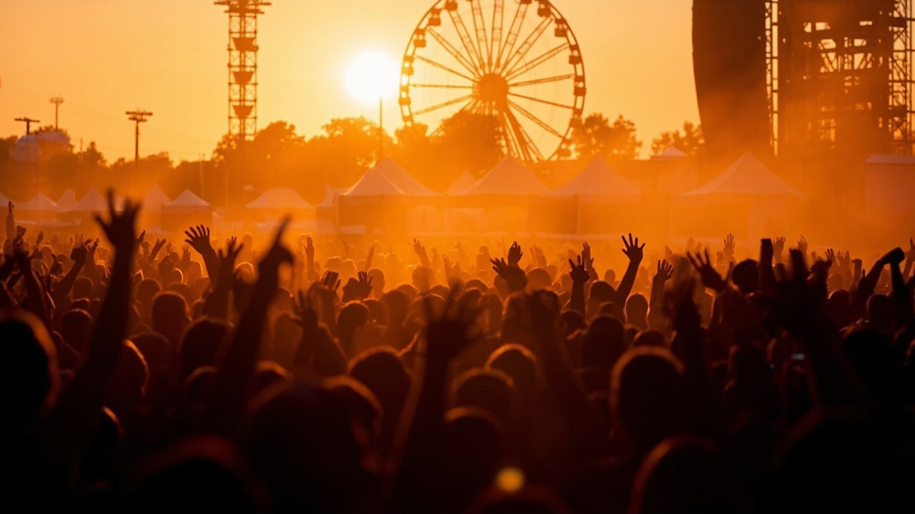 Coachella festival main stage at sunset with massive crowd and ferris wheel silhouette in background