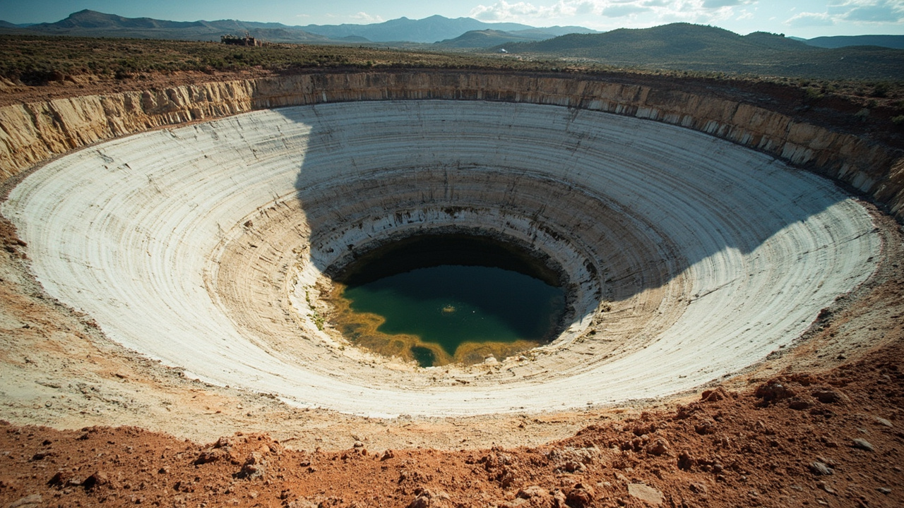 A dry Western reservoir with visible bathtub ring and cracked earth