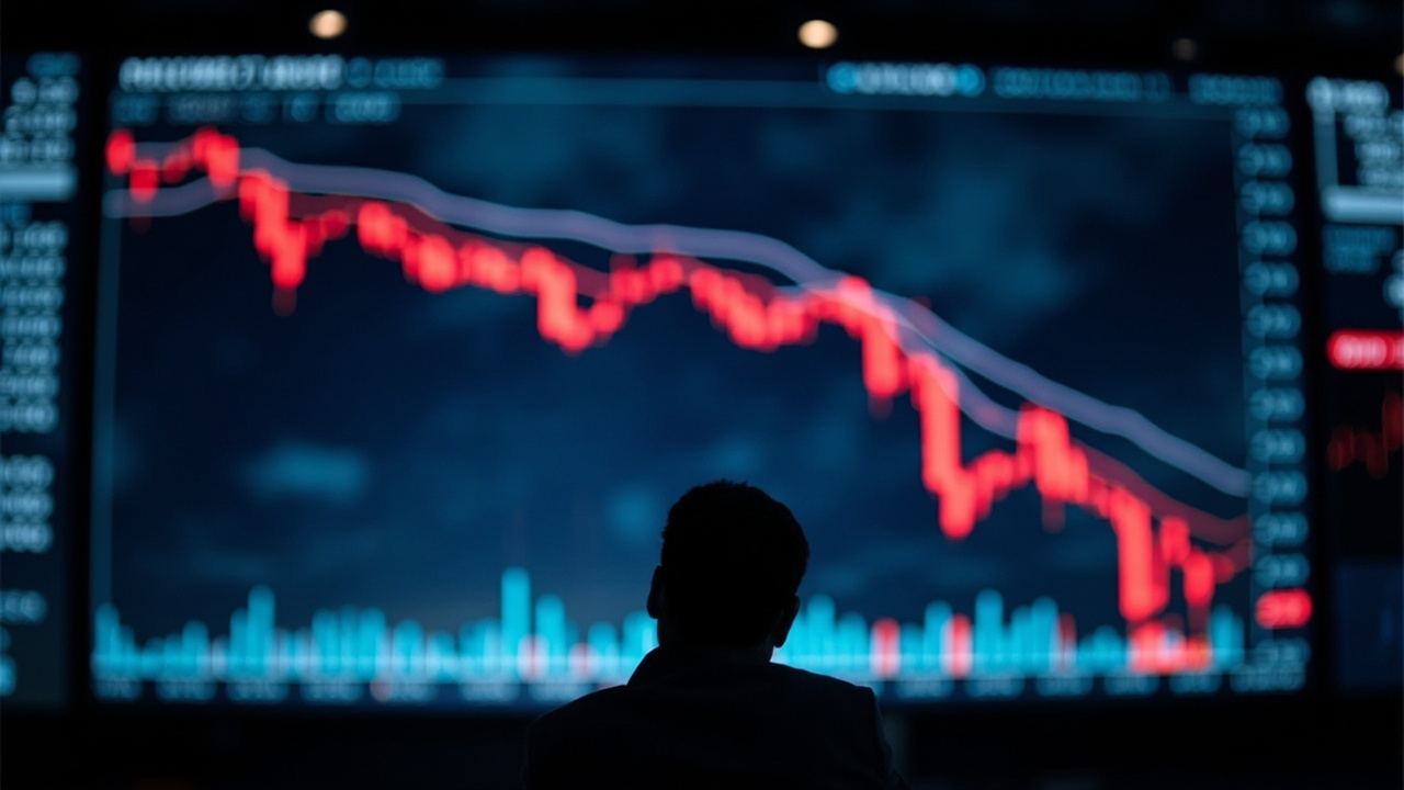 A stock chart showing energy sector equities declining from a peak with red candles