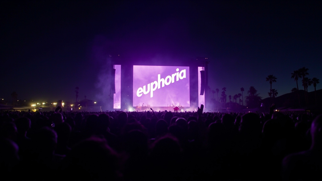 Festival crowd at night watching a large outdoor screen showing the Euphoria Season 3 premiere