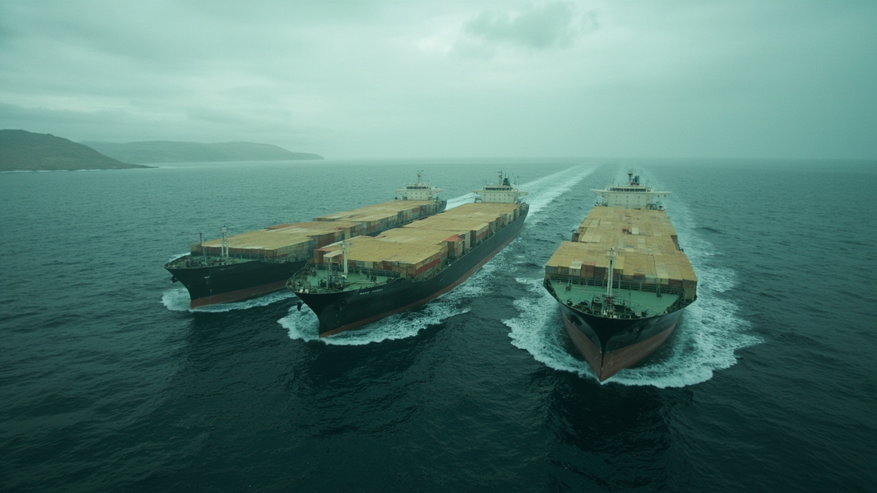 Cargo ships loaded with grain containers waiting in open water, unable to pass through a narrow strait