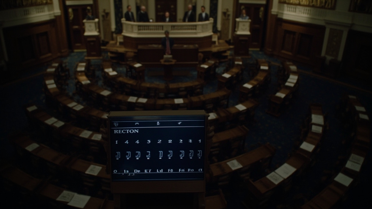Empty House chamber seats with FISA vote tally screen showing no result