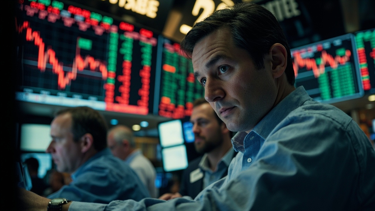 Wall Street trading floor screens showing market volatility during wartime