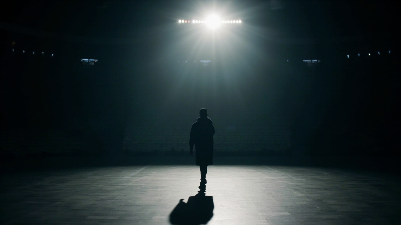A basketball superstar standing alone at center court under spotlight with empty arena seats