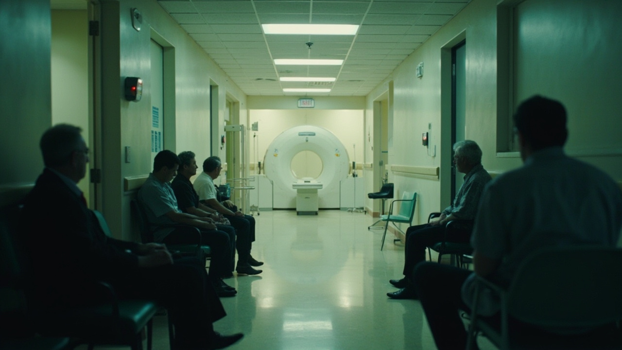 Hospital radiology department hallway with patients waiting on chairs outside an MRI suite