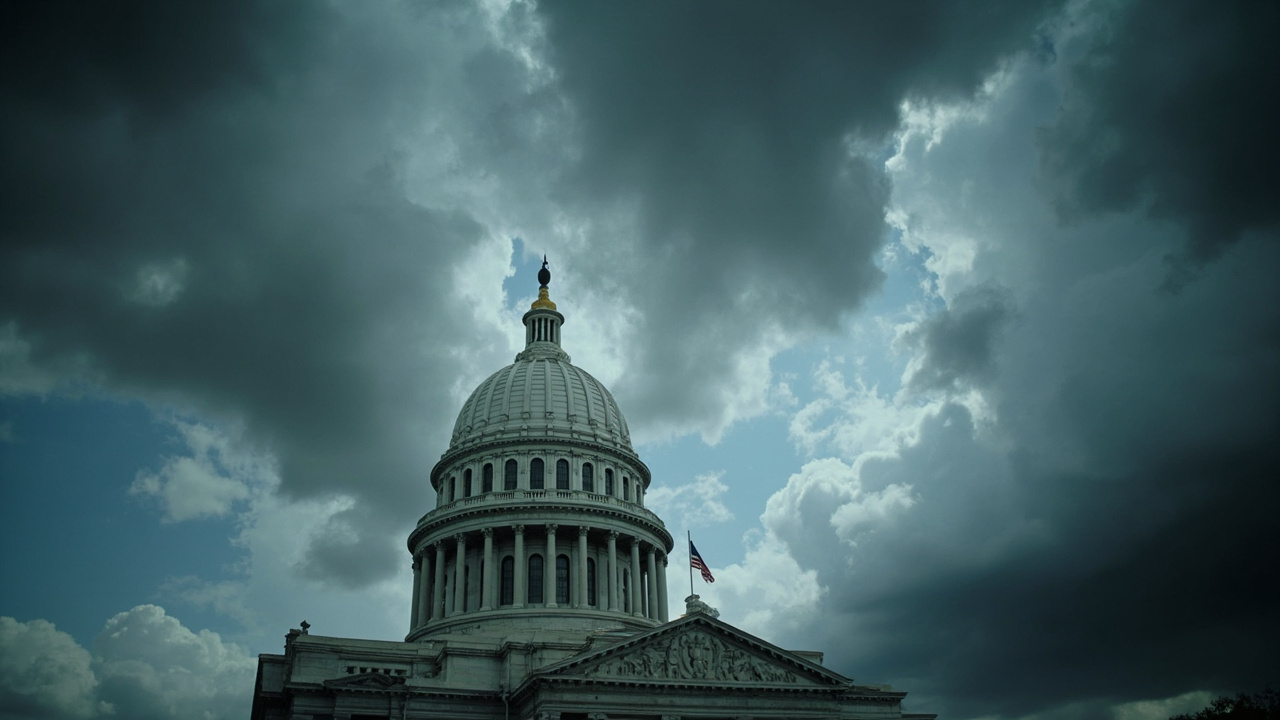 Illinois State Capitol building dome viewed from below with storm clouds