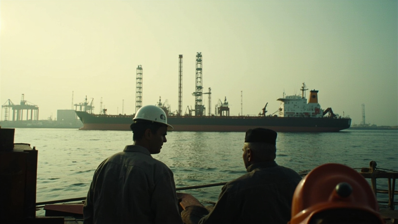 Oil tanker docked at an Indian port with refinery infrastructure in the background
