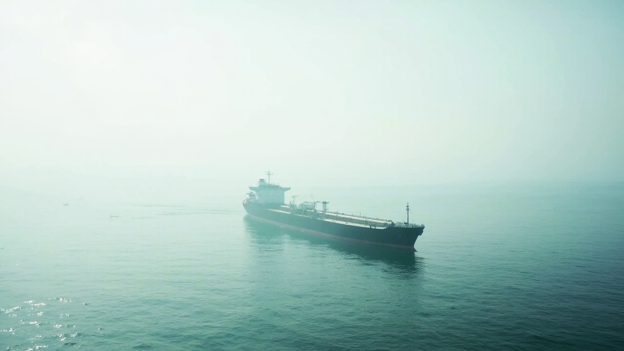 A large oil tanker anchored alone in calm waters with no other vessels visible on the horizon