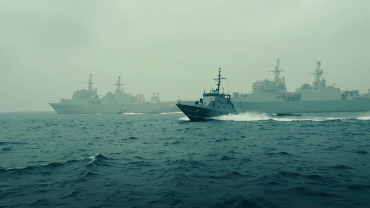 Iranian fast boats patrolling narrow waters of the Strait of Hormuz at dawn