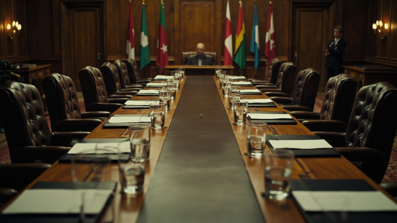 A diplomatic conference table with empty chairs and national flags in a formal meeting room