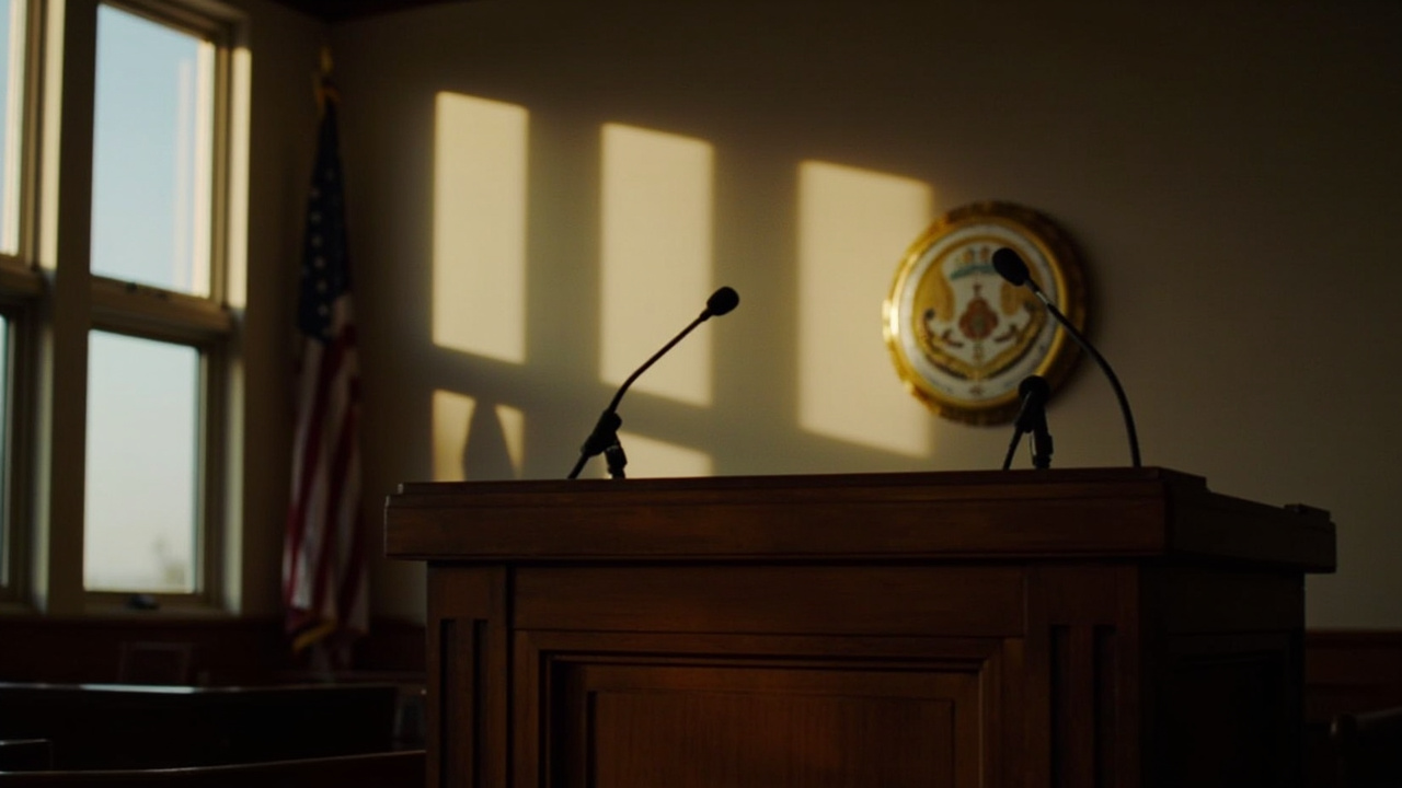 Empty podium with Virginia state seal and microphones, no speaker present, dim lighting