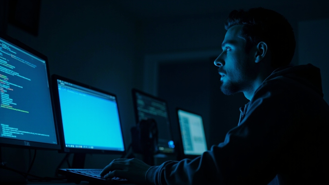 A developer sitting alone at a glowing screen in a dark room, face illuminated by blue light