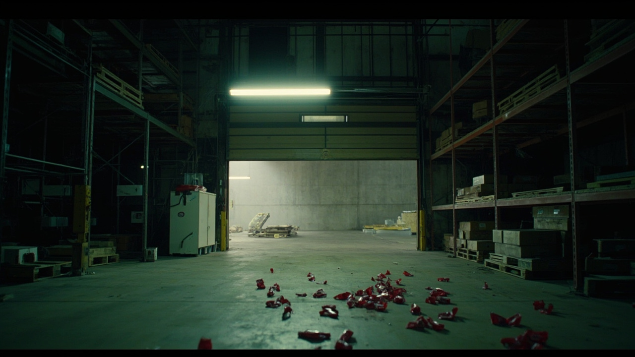An empty warehouse loading dock with a few scattered KitKat wrappers on the concrete floor