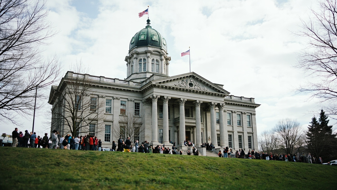 Maine State House dome with protest signs about data centers visible on the lawn