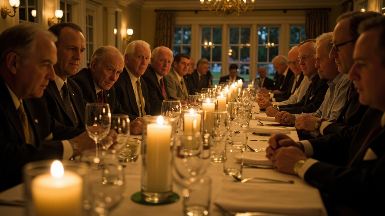 A golfer in a green jacket raising a glass at an elegant candlelit dinner