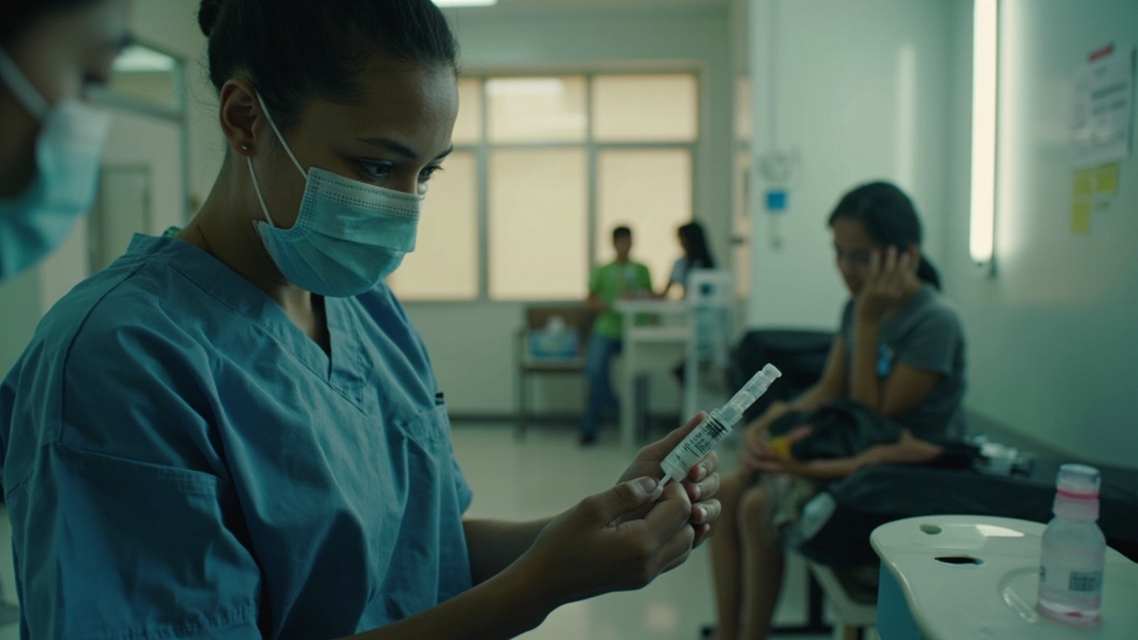 A public health clinic with a nurse preparing a measles vaccine for a child patient