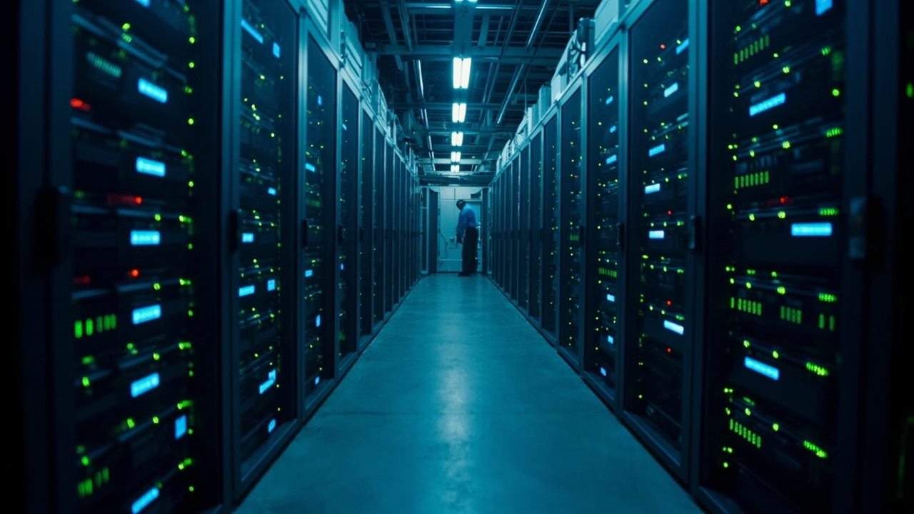 Rows of server racks in a massive data center with blue LED status lights glowing