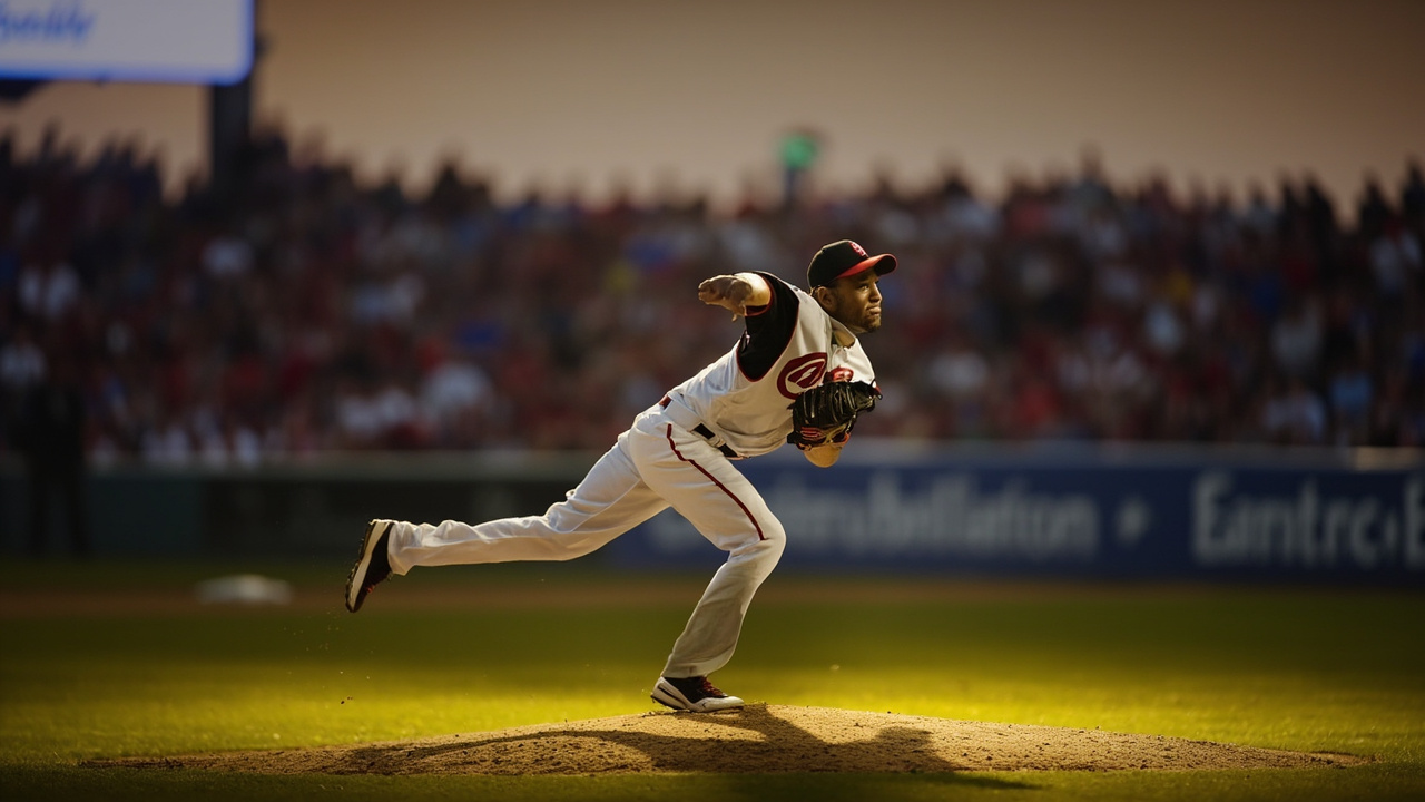 A baseball pitcher mid-delivery under stadium lights
