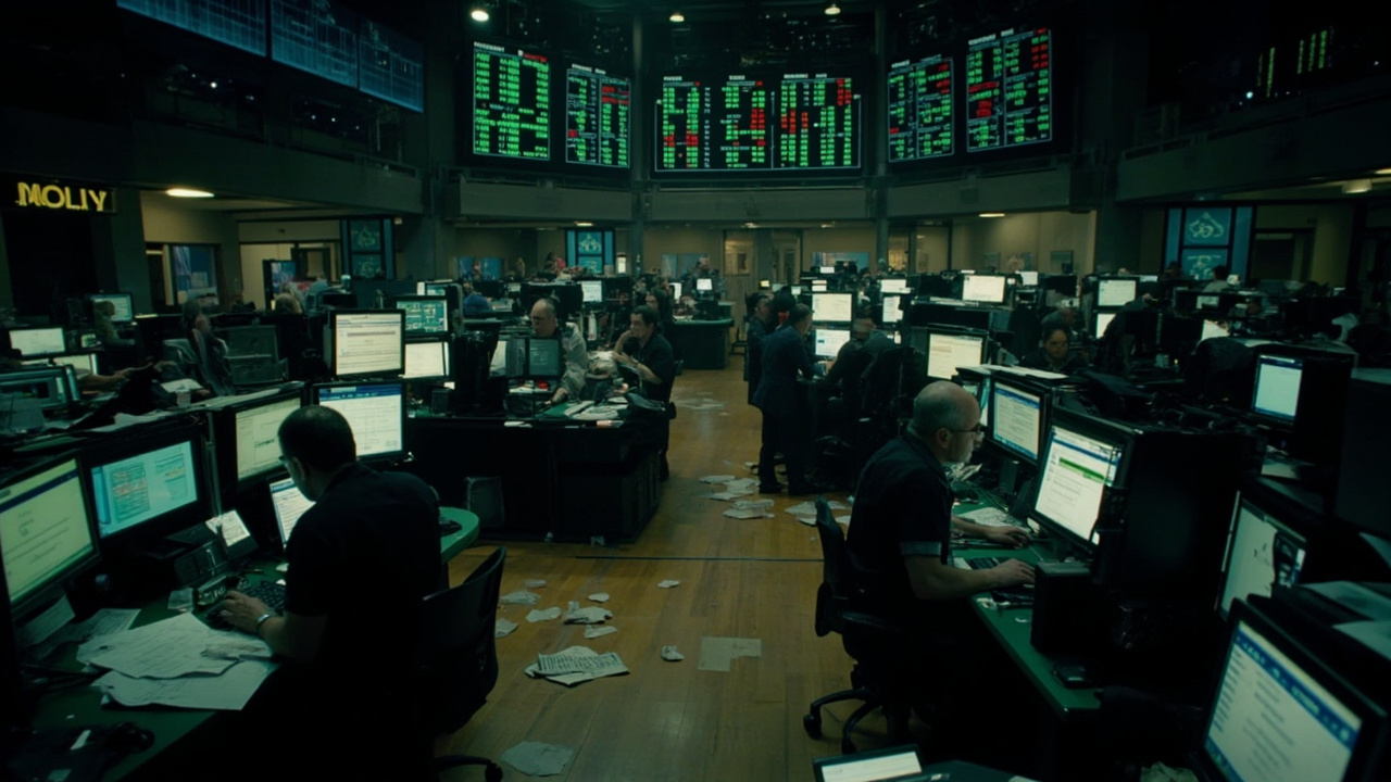 A crowded trading floor with multiple screens glowing green and traders gesturing urgently