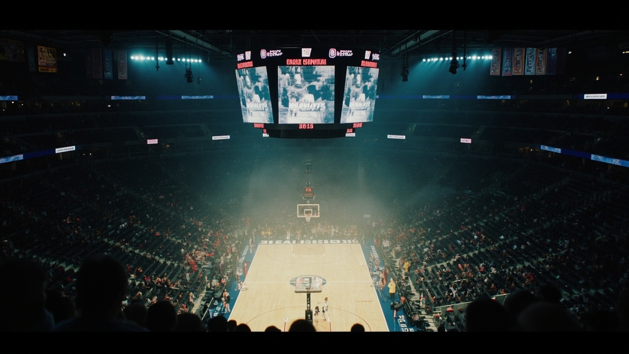 An NBA arena court under playoff lighting with team banners
