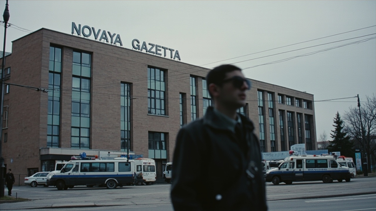 The exterior of the Novaya Gazeta newspaper office in Moscow with police vehicles nearby