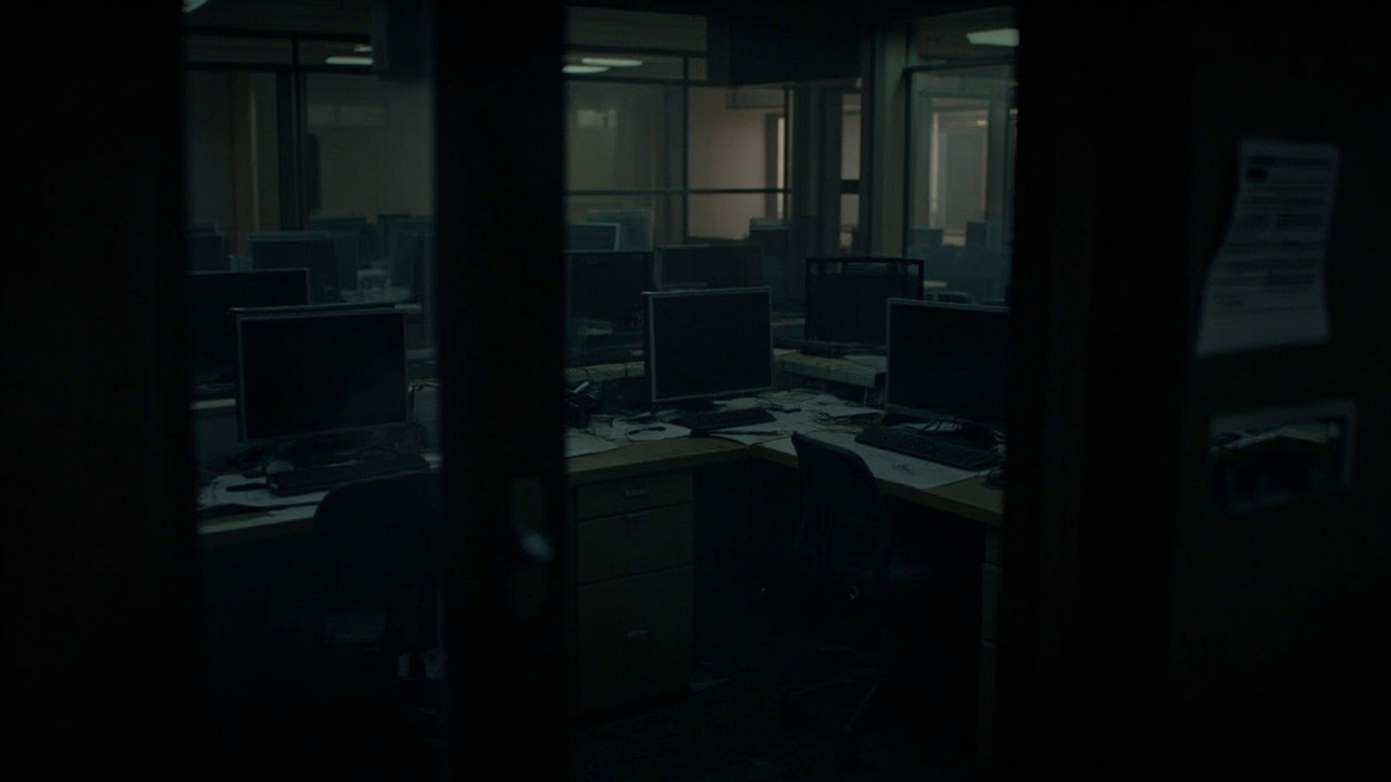 A darkened newspaper office with empty desks and turned-off monitors behind a glass door