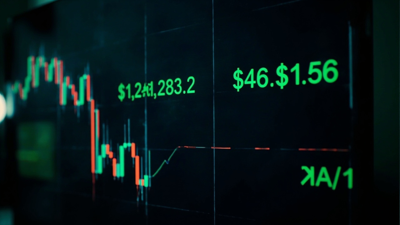 Oil trading floor screens showing Brent crude price chart with upward reversal pattern