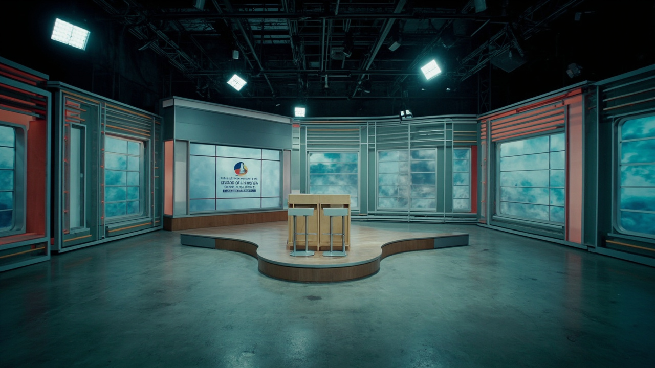 An empty state television newsroom with Fidesz-era branding still on the backdrop