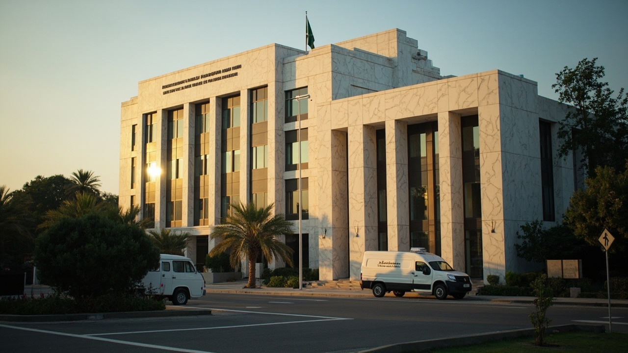 The exterior of Pakistan's Ministry of Foreign Affairs building in Islamabad at dusk