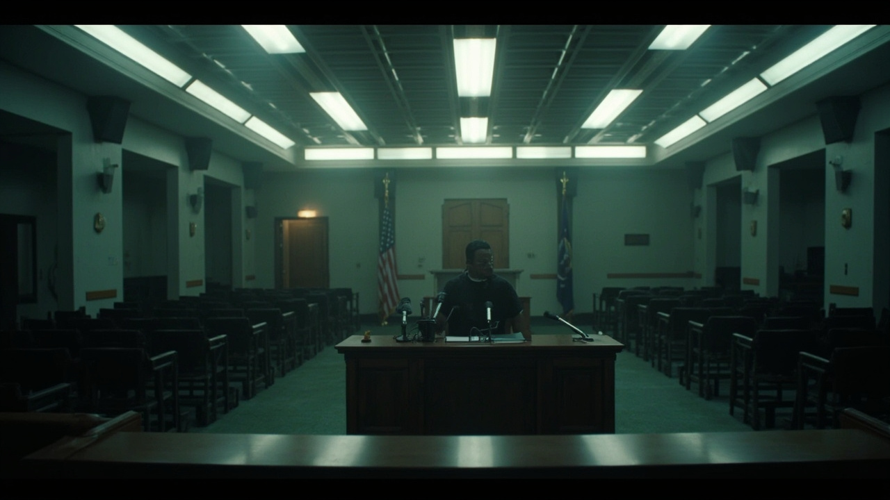 An empty press briefing room with a podium and rows of empty chairs under harsh fluorescent lighting