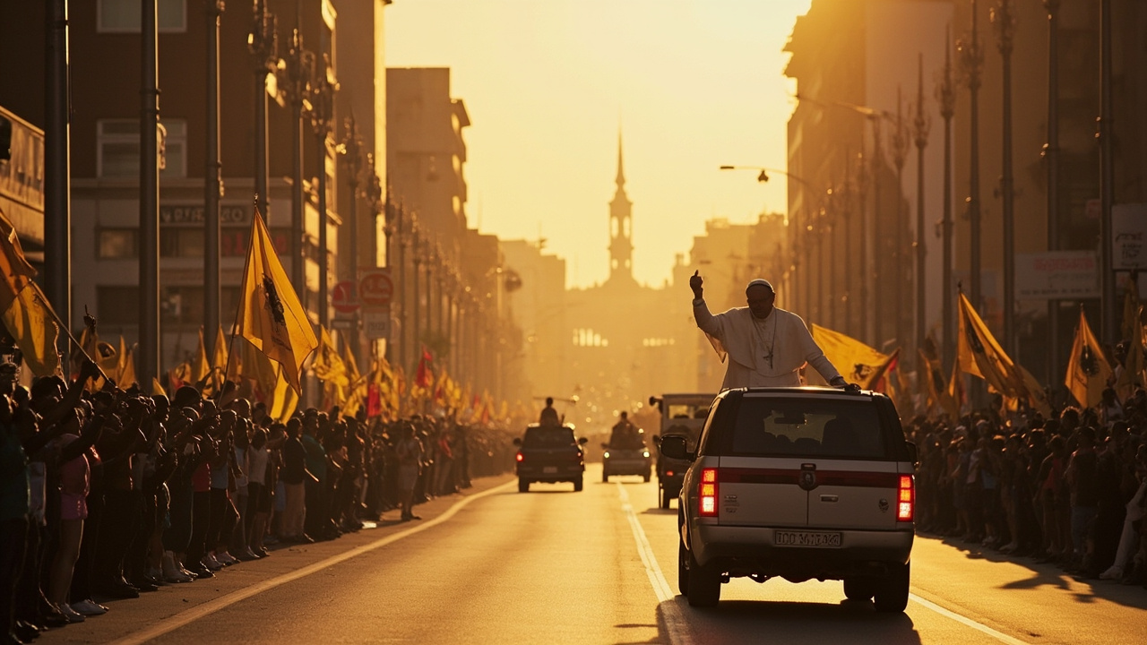A papal motorcade moving through crowds of cheering people waving flags on a wide African boulevard