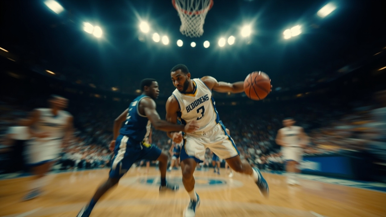 A basketball player driving to the basket under bright arena lights with defenders trailing