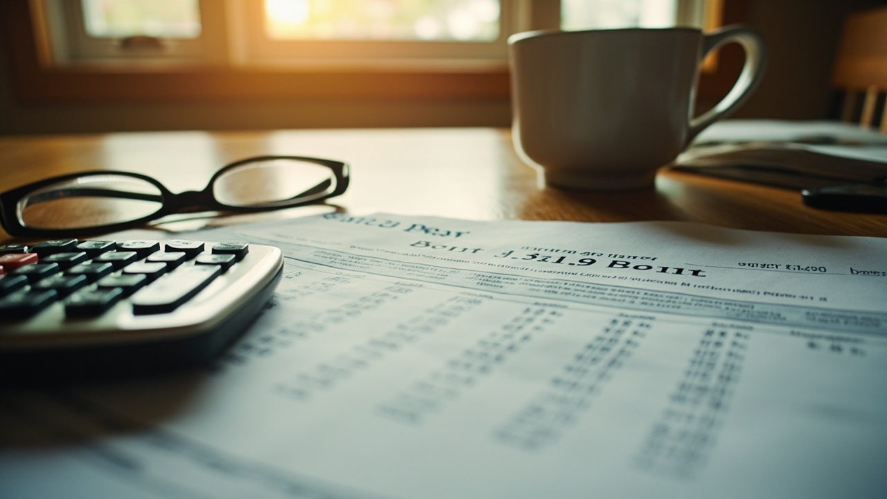 A Social Security benefits statement on a kitchen table next to a calculator and reading glasses