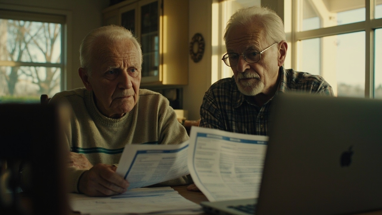 Elderly American couple reviewing Social Security paperwork at their kitchen table