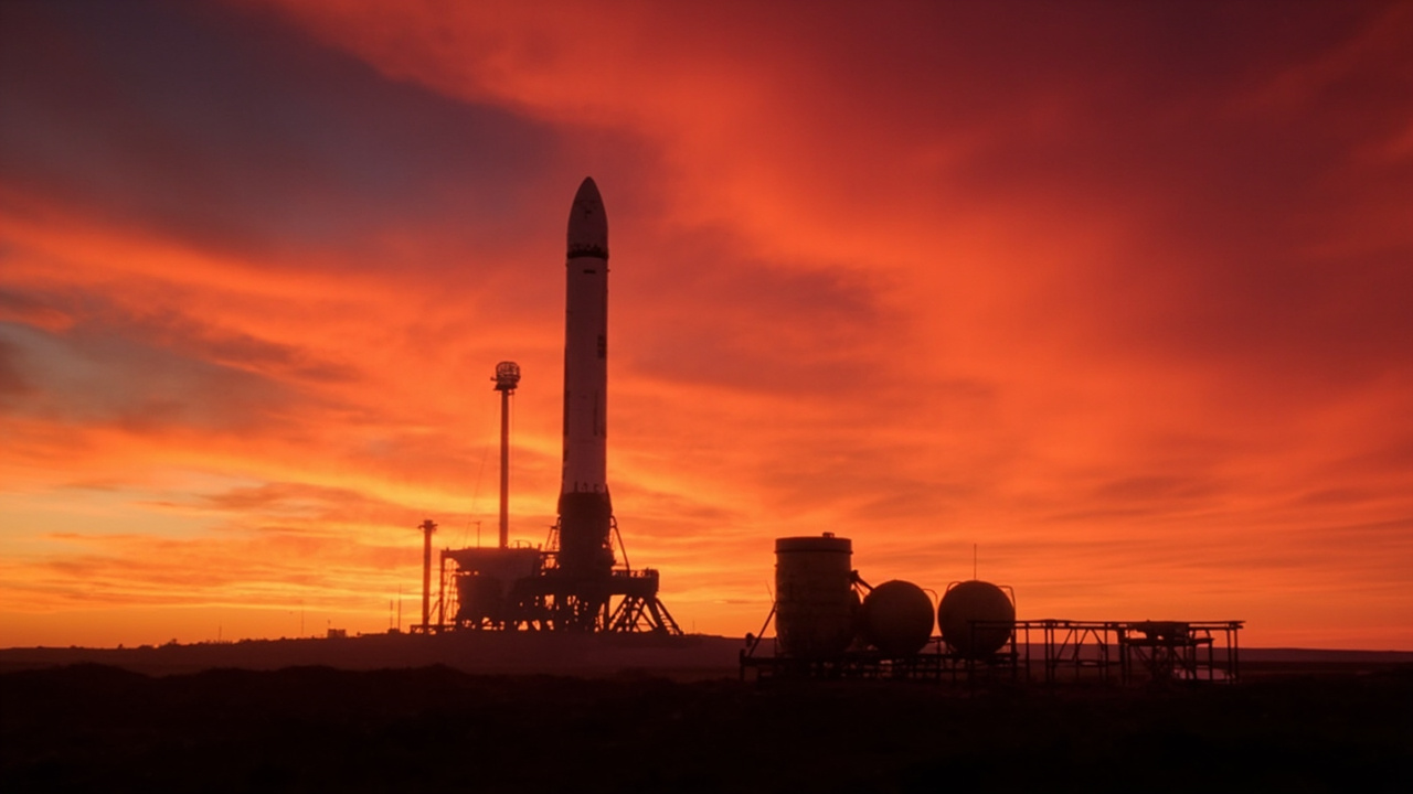 A SpaceX Falcon rocket on a launch pad silhouetted against a sunset sky