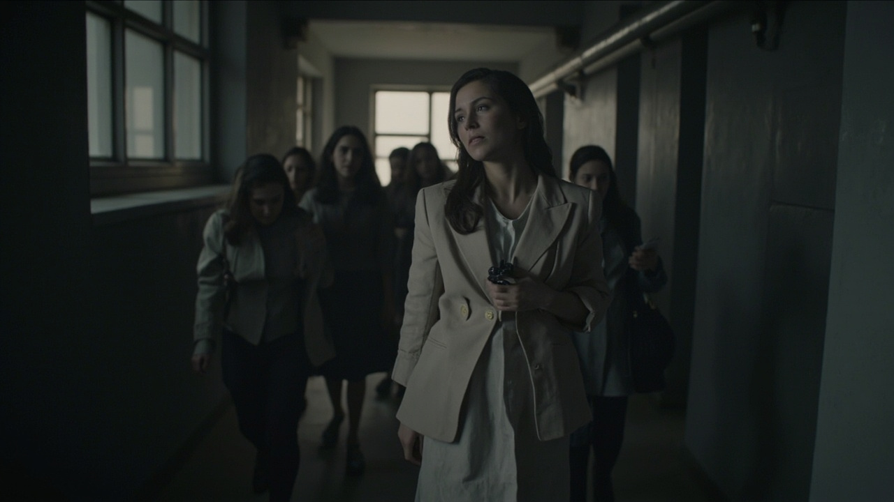 Young women in austere uniforms walking through a stark institutional corridor