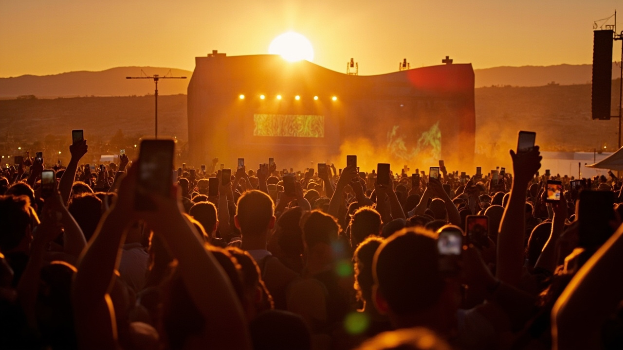 A dense Coachella festival crowd at sunset with hundreds of phone screens raised, capturing a stage performance