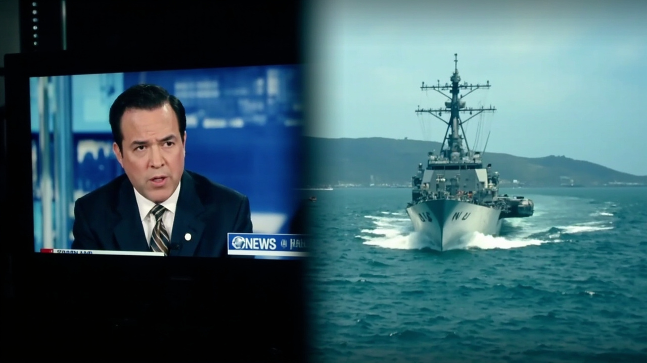 Split screen showing a TV interview broadcast alongside a naval vessel in the Persian Gulf