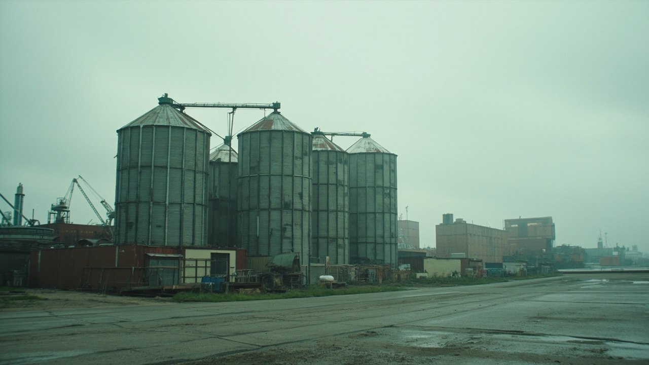 Rows of empty grain storage bins at a port facility with no cargo ships at the dock