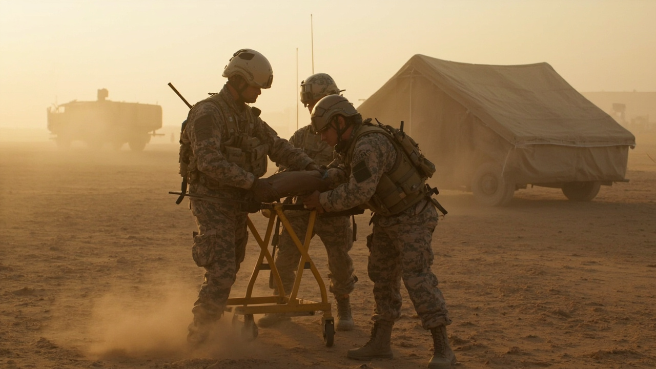 US military medical personnel attending to a stretcher near a field hospital tent