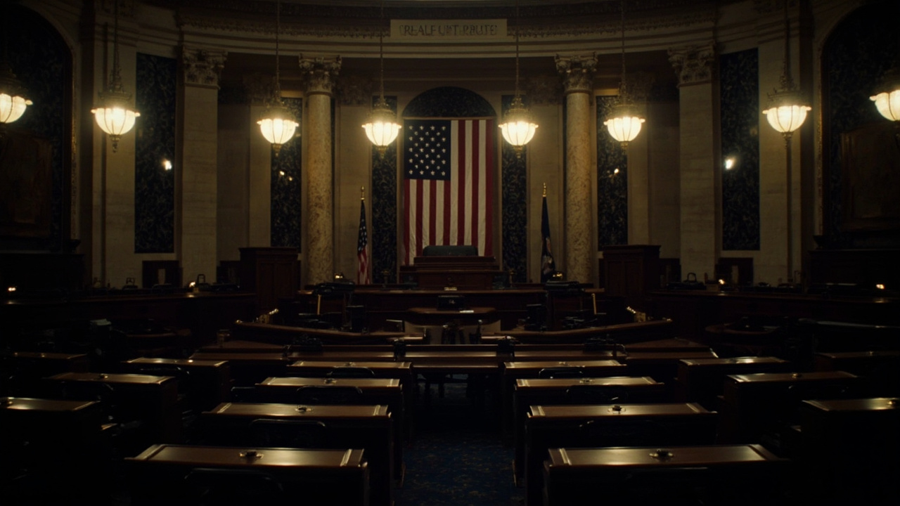 Empty United States Senate chamber with overhead lights illuminating rows of vacant desks