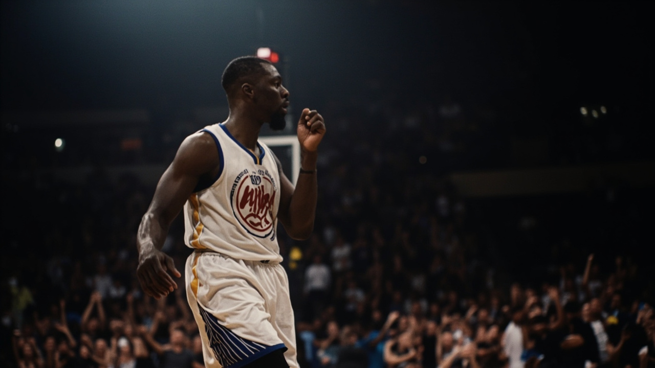 Stephen Curry celebrating after a clutch basket in an arena