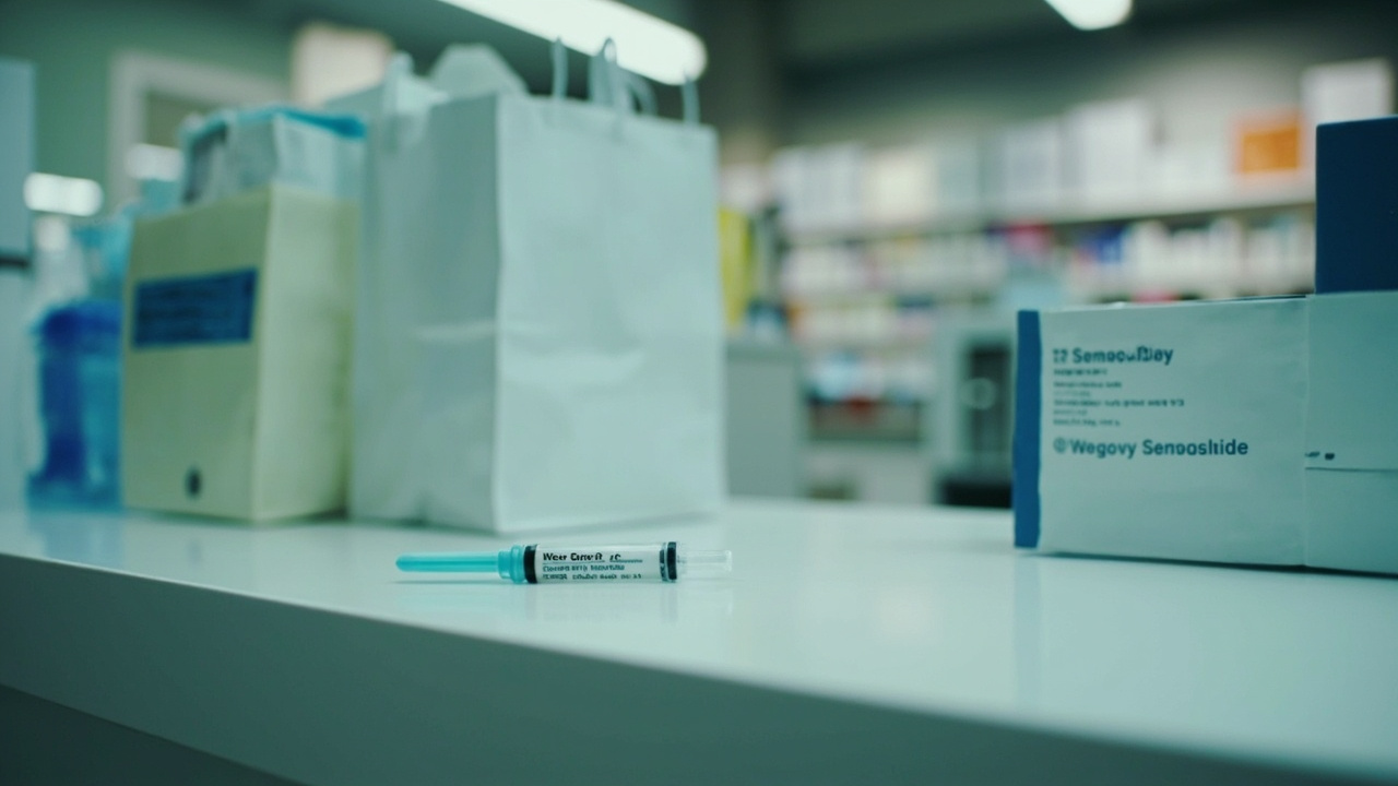 A Wegovy injection pen resting on a pharmacy counter beside a printed price label