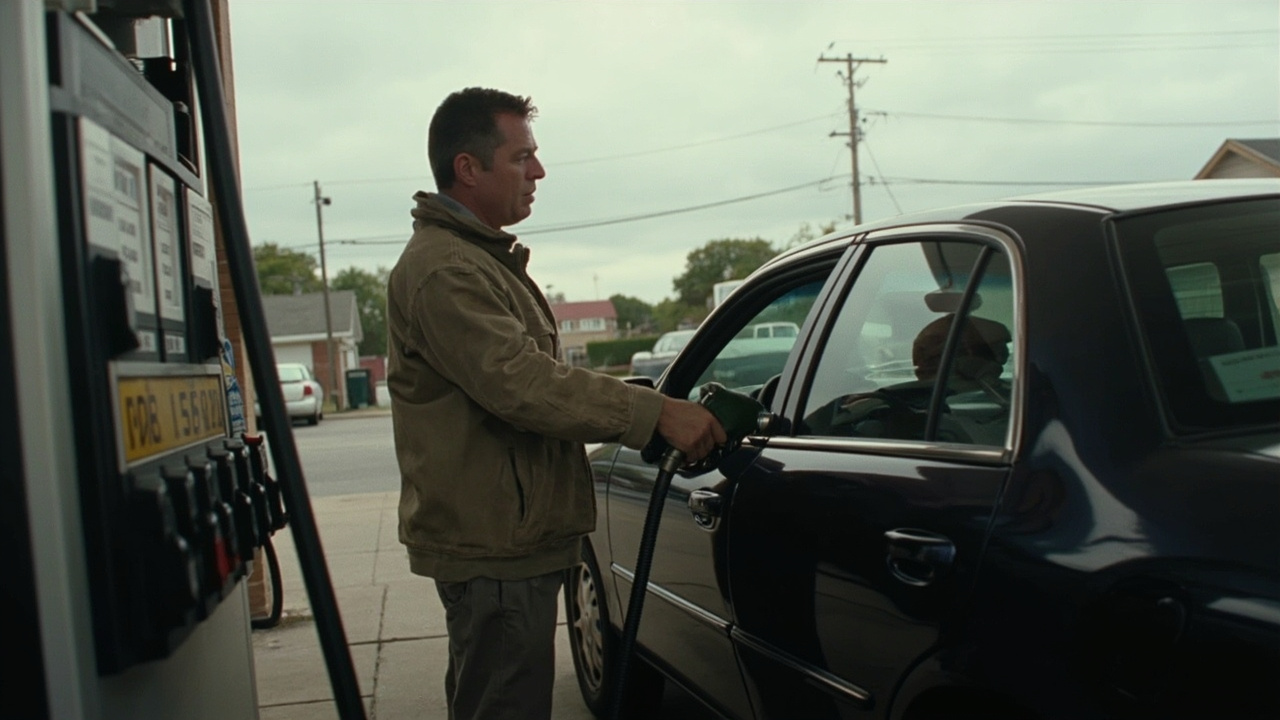 A driver filling up a sedan at a gas station with a price sign showing elevated fuel costs