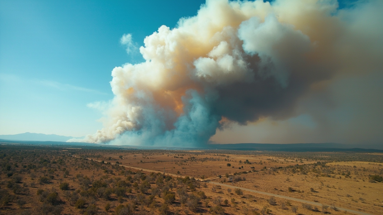 Aerial view of wildfire smoke plume rising over dry Florida landscape with brown vegetation