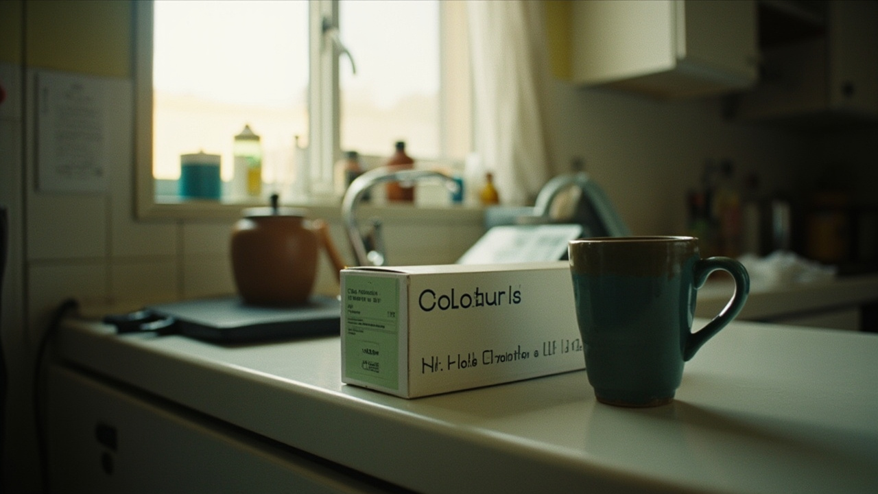 A Cologuard stool-sample collection kit beside a coffee mug on a kitchen counter in morning light