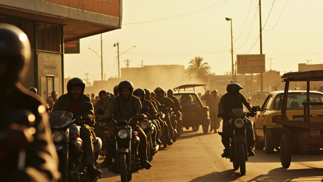 A queue of motorcycles and taxis waiting at a petrol station in Niamey under a midday sun