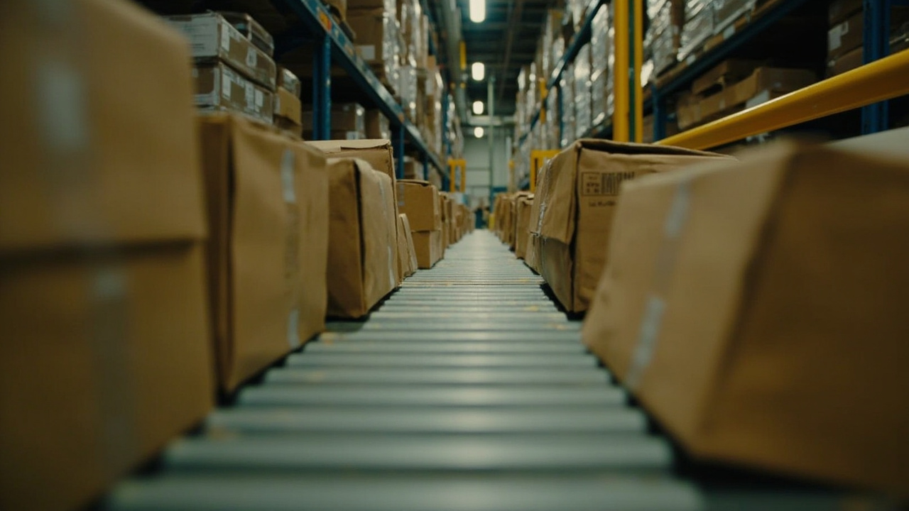 Amazon fulfillment center conveyor belt with packages and shipping labels