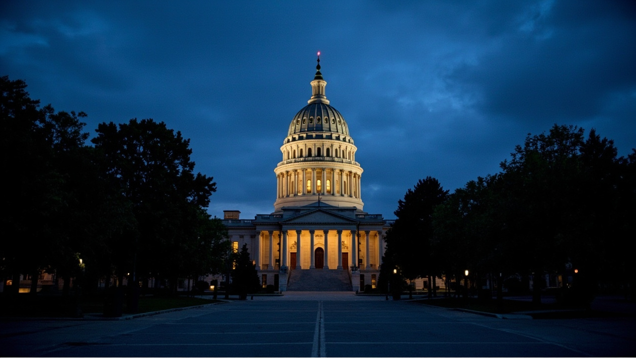 Illinois State Capitol dome in Springfield photographed at dusk with lit interior visible